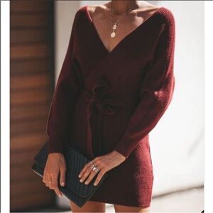 Elegant Burgundy Wrap Sweater Dress